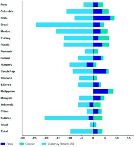 Rendimenti da inizio anno dell'indice Bloomberg Barclays mercati emergenti Local Currency Liquid